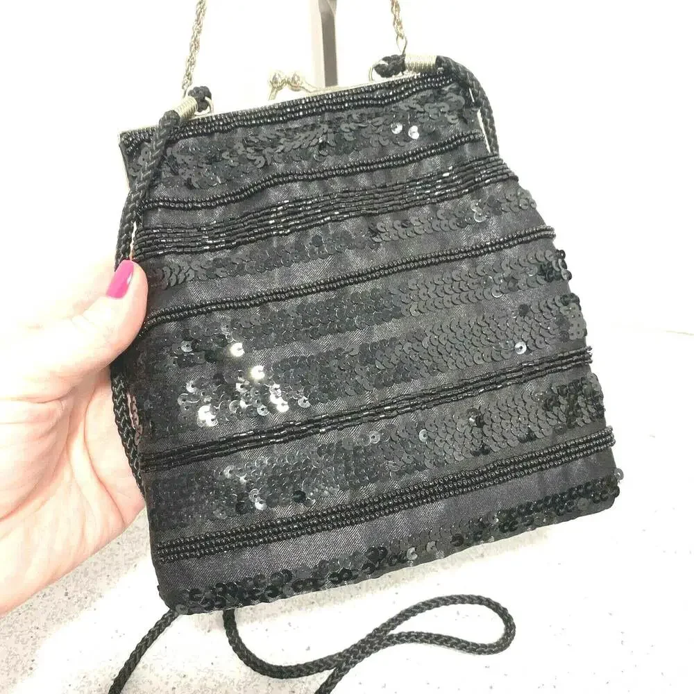 Vintage 90's La Regale Black Satin Evening Bag Converts to Elegant Clutch Purse